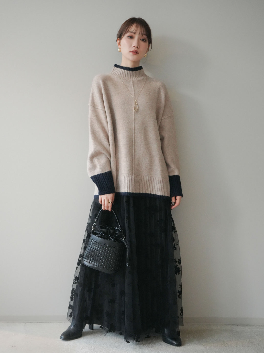 [SET]配色ハイネックニットプルオーバー+フラワーフロッキーチュールプリーツスカート(2set)