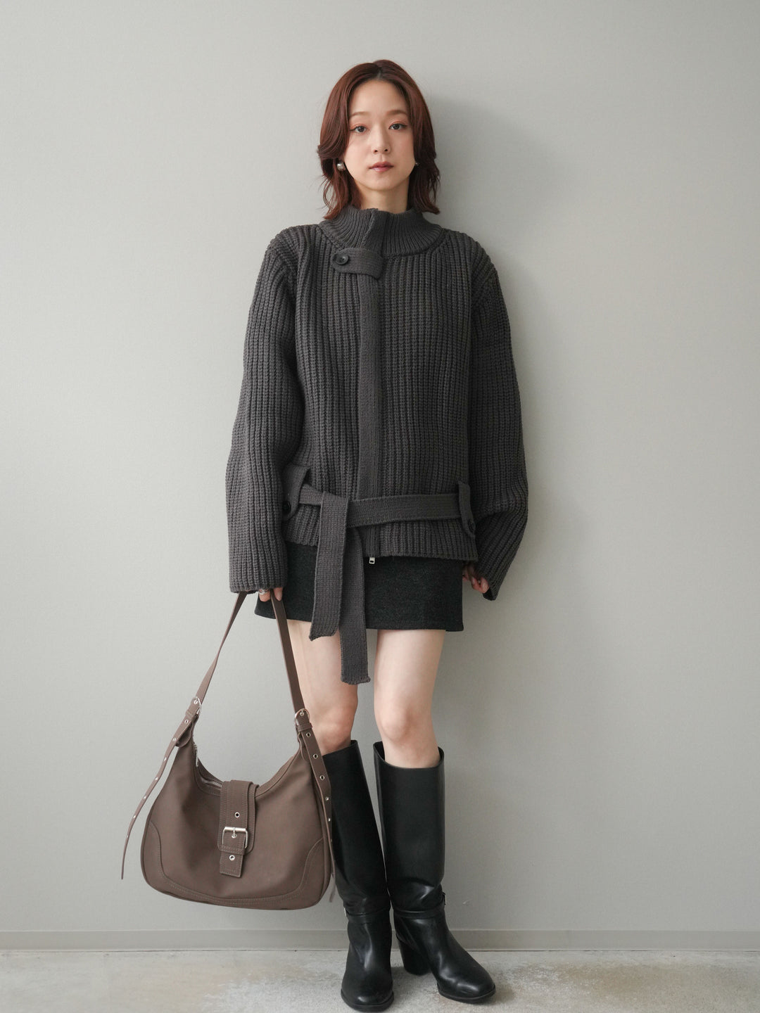 [SET]畦編みボトルネックZIPニットカーディガン+ウールタッチベルト付ミニスカート(2set)