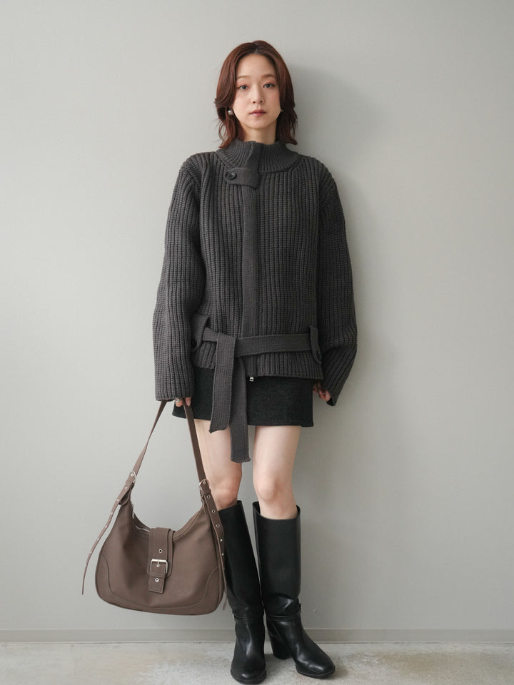 [SET]畦編みボトルネックZIPニットカーディガン+ウールタッチベルト付ミニスカート(2set)