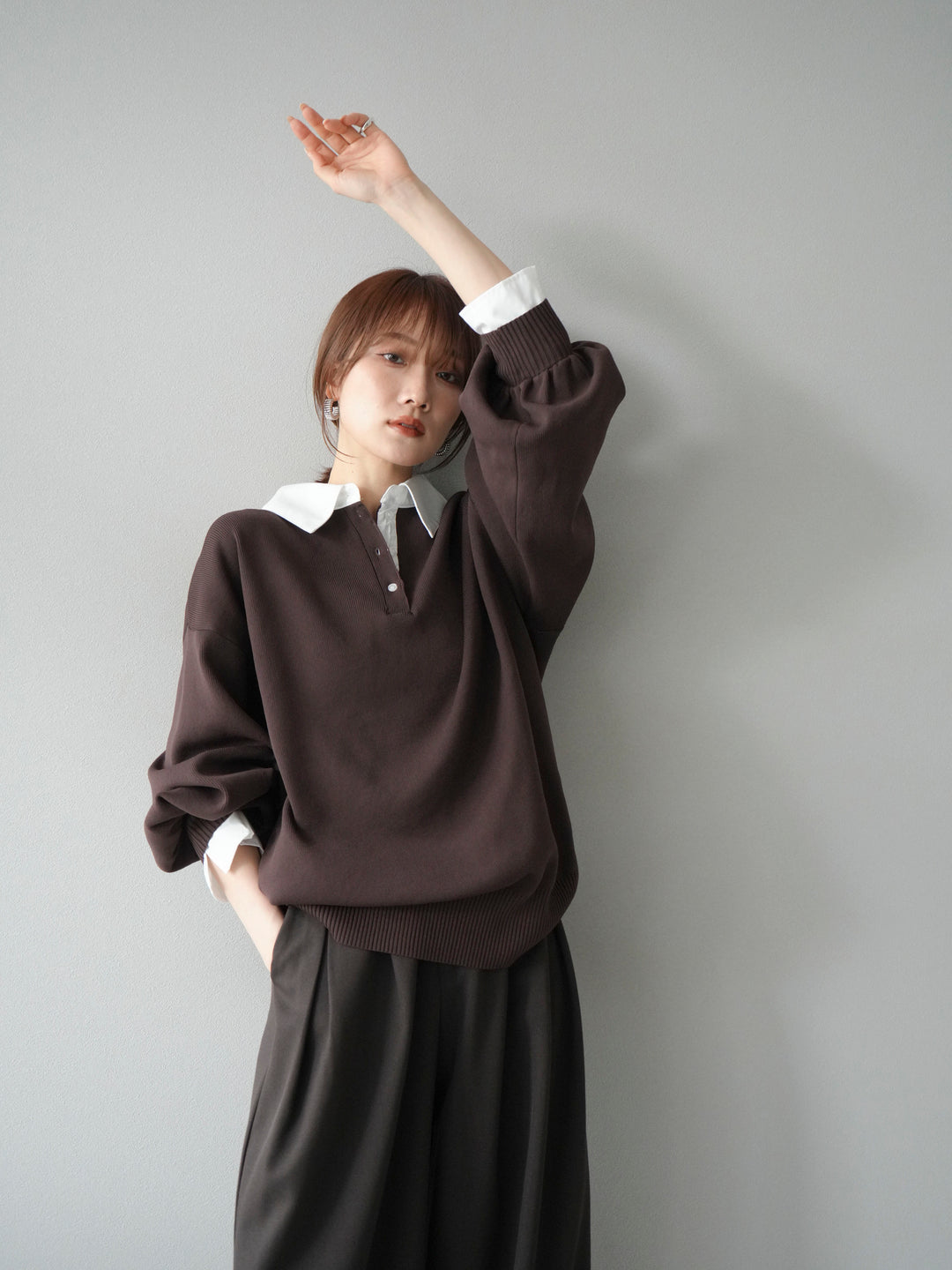 【SET】翻領polo針織套衫+雙褶闊腿褲（2件組）