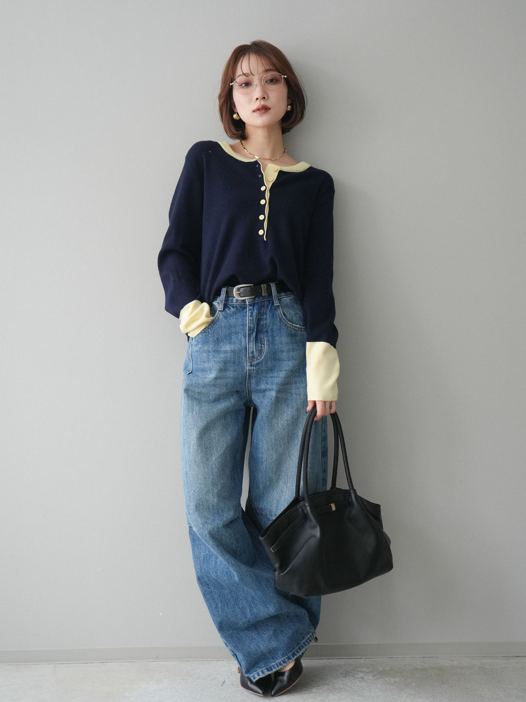 [SET]ヘンリーネック配色ニットソー+ベルト付3Dカーブワイドデニムパンツ(2set)