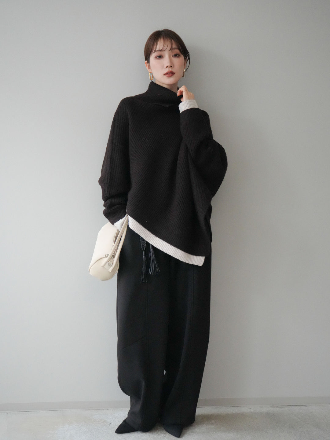 [予約]配色アシンメトリードルマンニットプルオーバー/brown