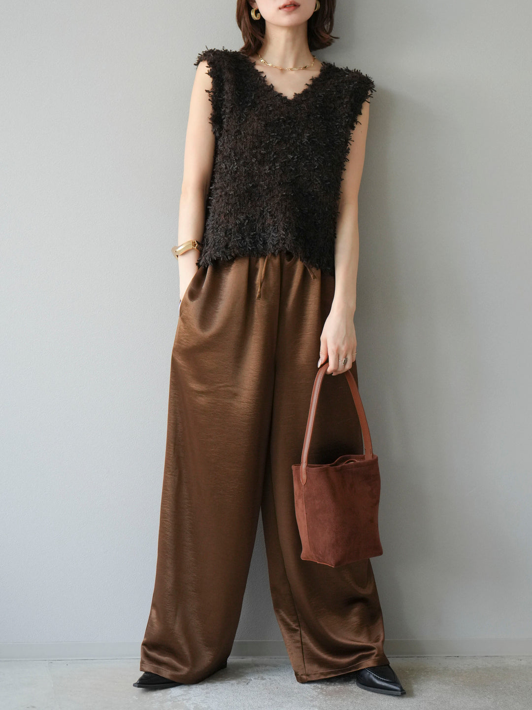 [予約]サテンラインワイドパンツ/ブラウン
