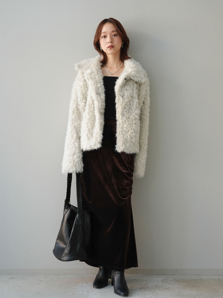 [SET]フェイクファー襟付きショートブルゾン+ギャザーベロアスカート(2set)