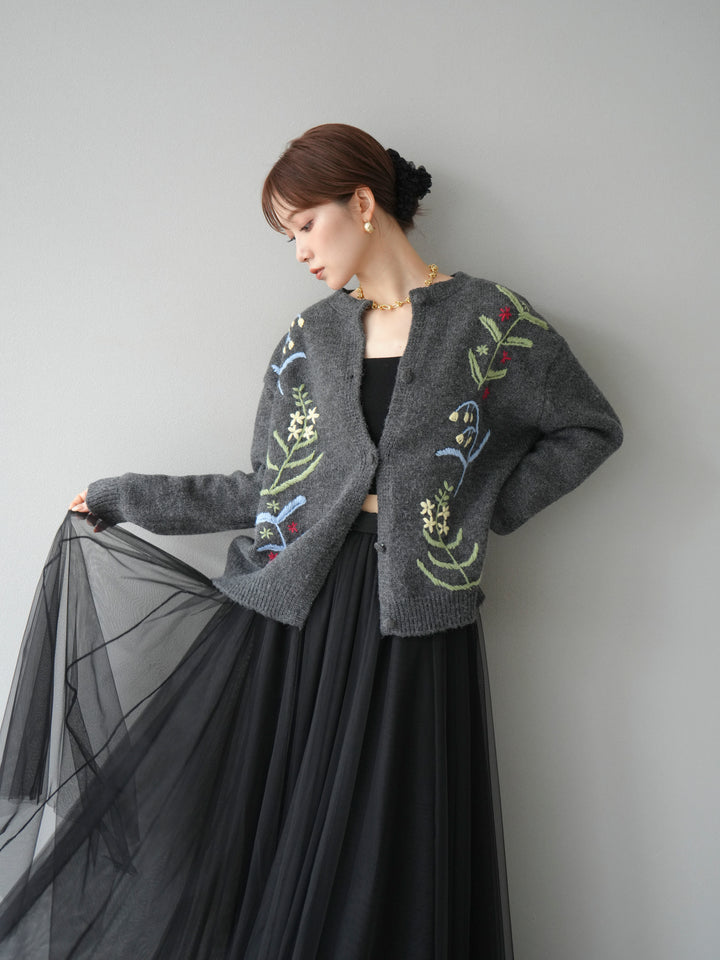 【預購】花朵刺繡針織開襟衫/炭灰色