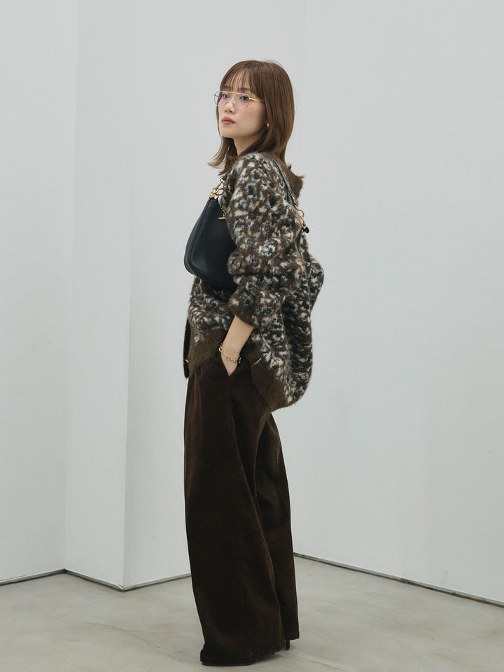 【Allure】[SET]レオパードシャギーニットカーディガン+コーデュロイタックワイドパンツ(2set)