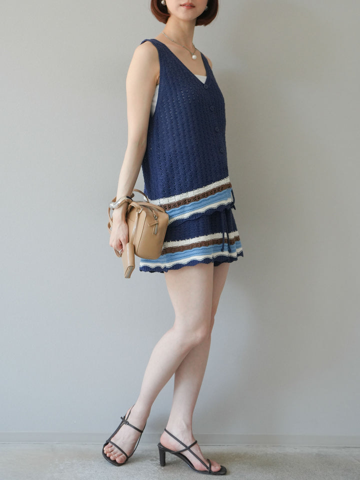 [SET]裾マルチボーダーニットベスト＆ショートパンツ SET UP(2set)