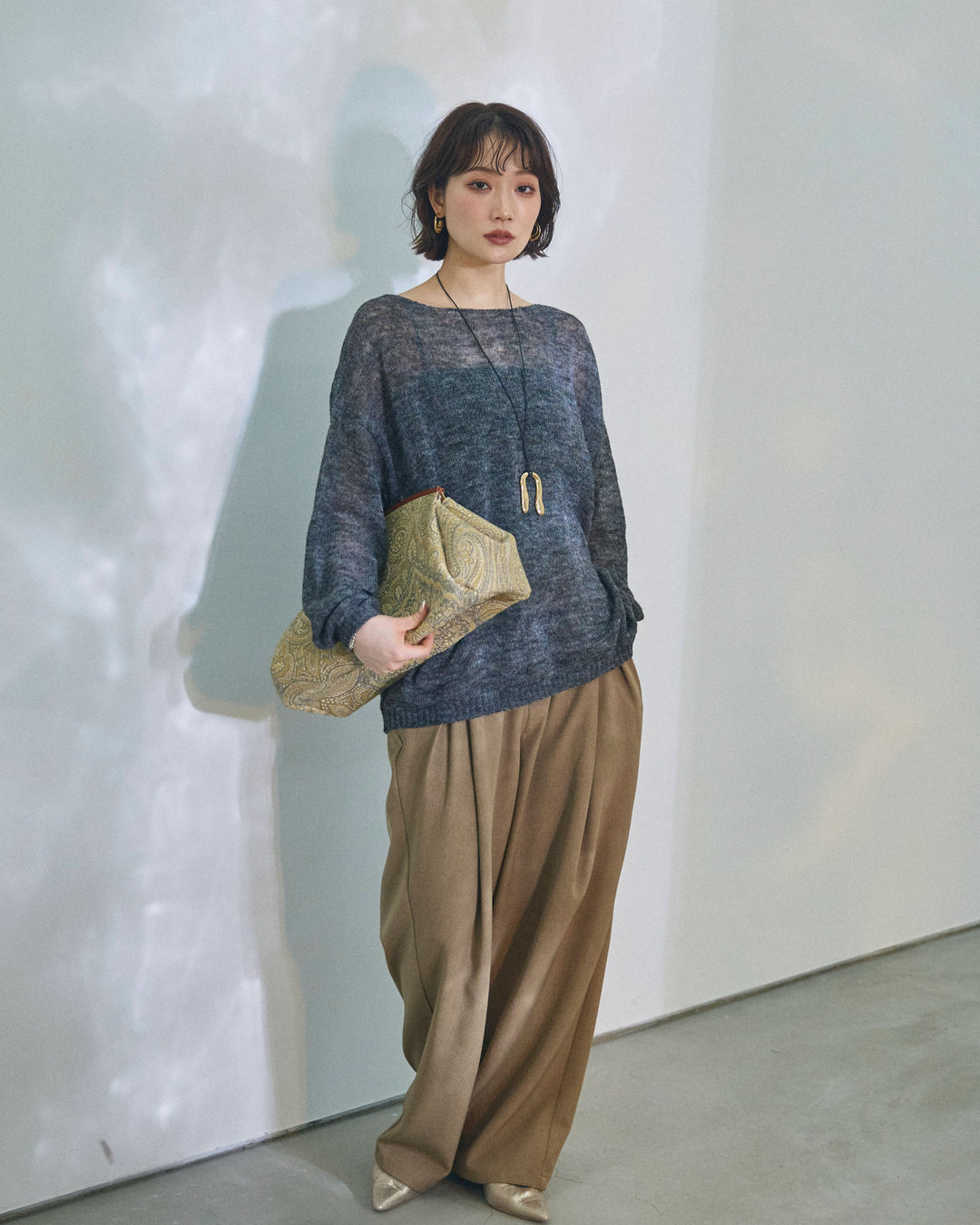 【Allure】[SET]モヘアタッチ透かし編みボートネックニットプルオーバー+アシンメトリーウエストタックパンツ(2set)