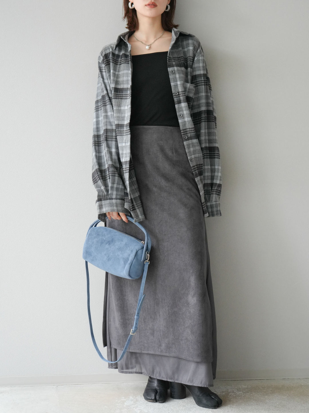 [予約]サイドスリットスウェードドッキングシフォンスカート/グレー