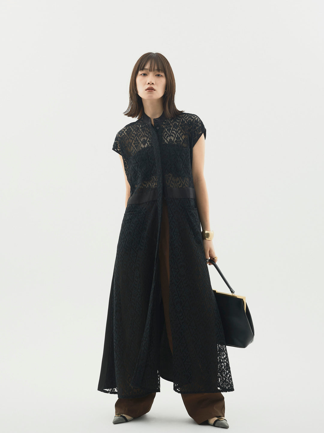 【Allure】[SET]レースサテン切替ワンピース+タフタワイドカーブパンツ(2set)