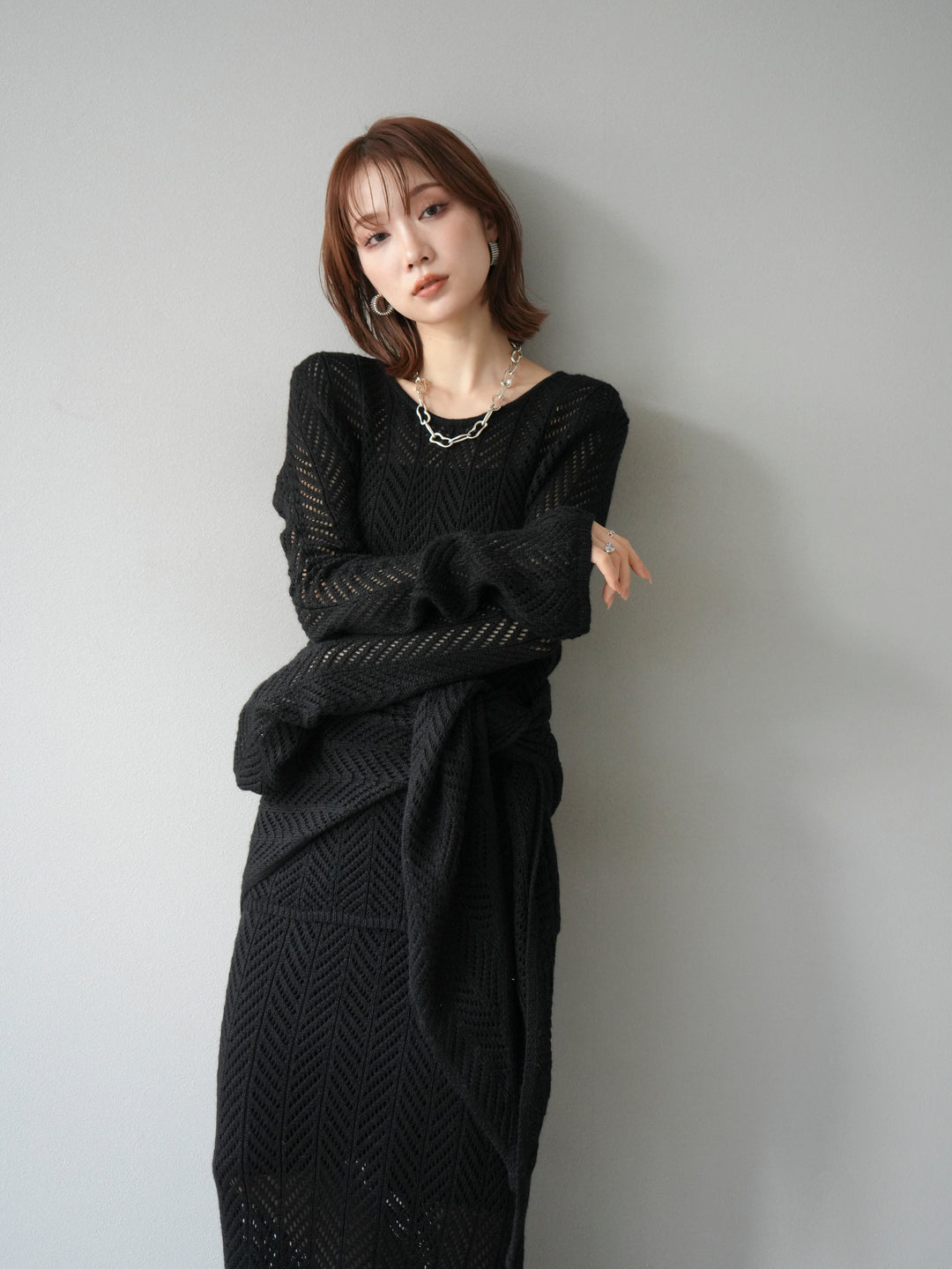 [予約]透かし編みニットスカーフ/ブラック