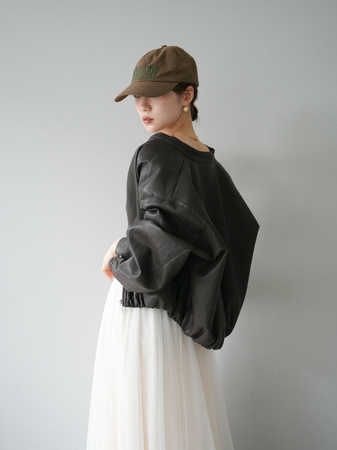 [予約]フェイクレザー裾バルーンブルゾン/ブラウン