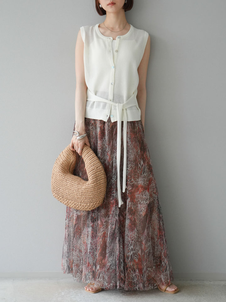 [予約]ニュアンス柄チュールレイヤードプリーツスカート/ブラウン