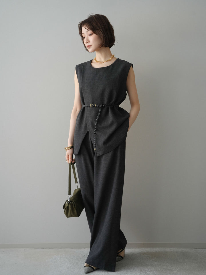 [SET]ベルト付ノースリーブトップス＆ワイドパンツSETUP