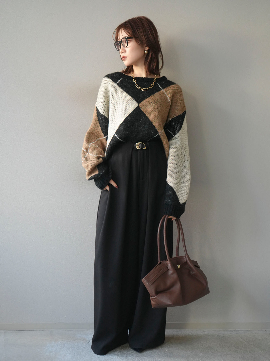 [予約]配色ステッチアーガイル柄ニットプルオーバー/black