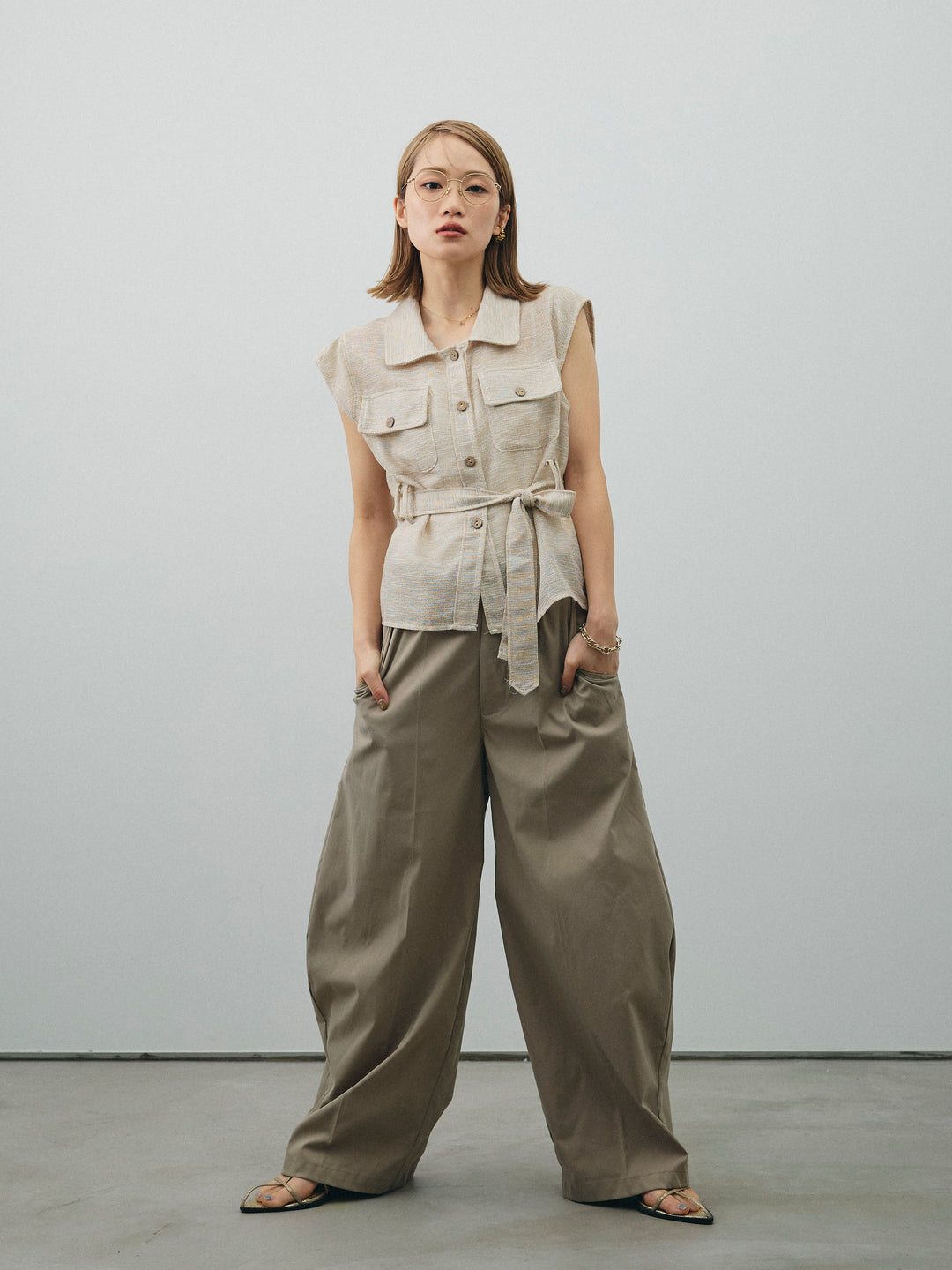 [SET]ミックスヤーンメッシュブラウス+コクーンワイドチノパンツ(2set)