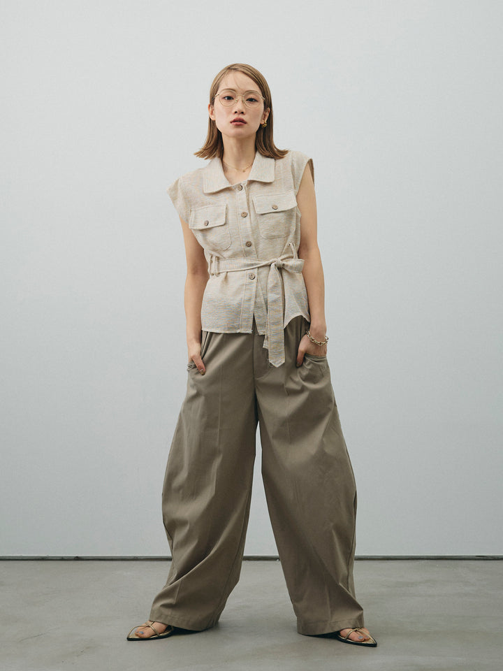 [SET]ミックスヤーンメッシュブラウス+コクーンワイドチノパンツ(2set)