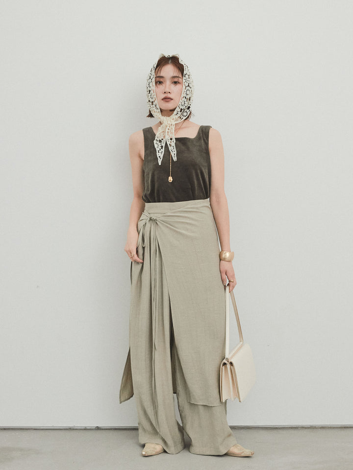 [SET]スクエアベロアタンクトップ+ワッシャーサテンレイヤードスカートパンツ(2set)