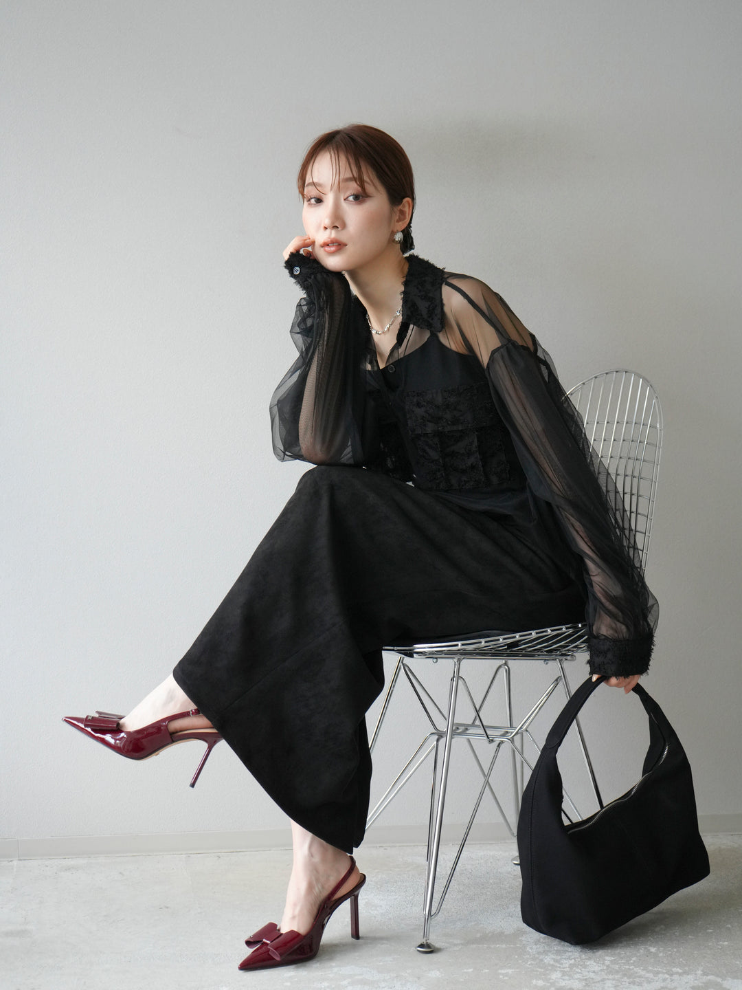 [予約]フリンジジャガード×チュールレイヤードシャツ/ブラック