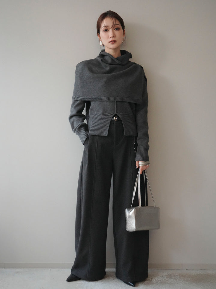 [予約]フロントスリットネックアンサンブルニット/charcoal