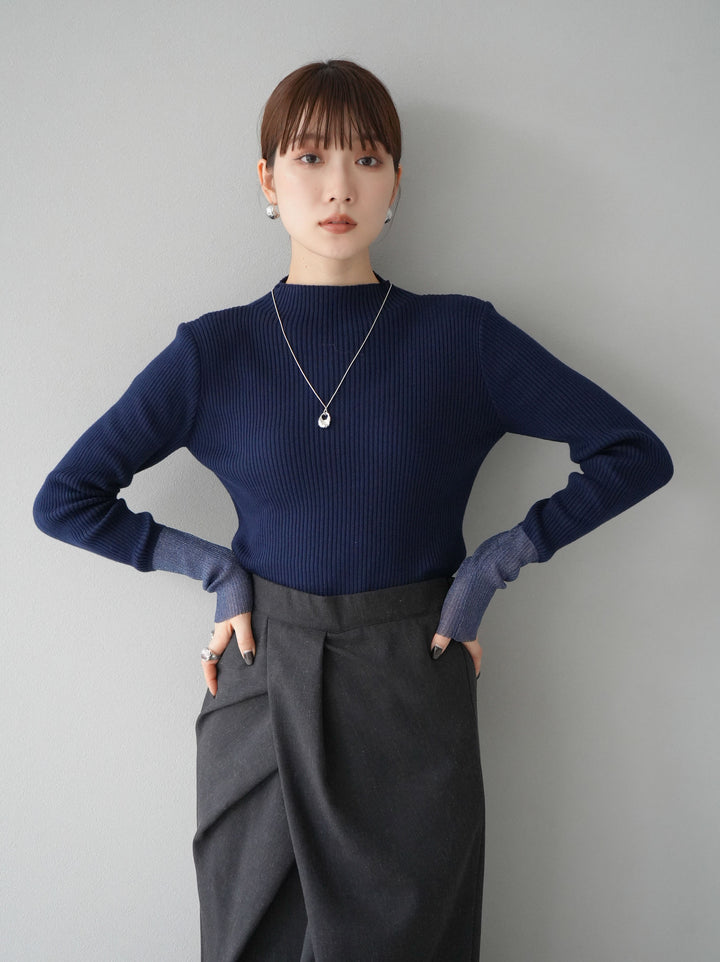 [予約]袖ラメシアー切替リブニットトップス/ネイビー