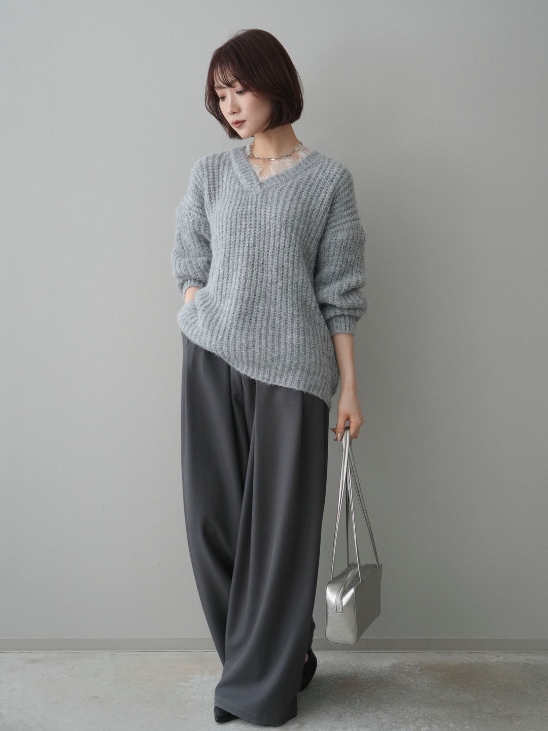 [SET]Vネックレースニットプルオーバー+ベルトループデザインワイドパンツ(2set)