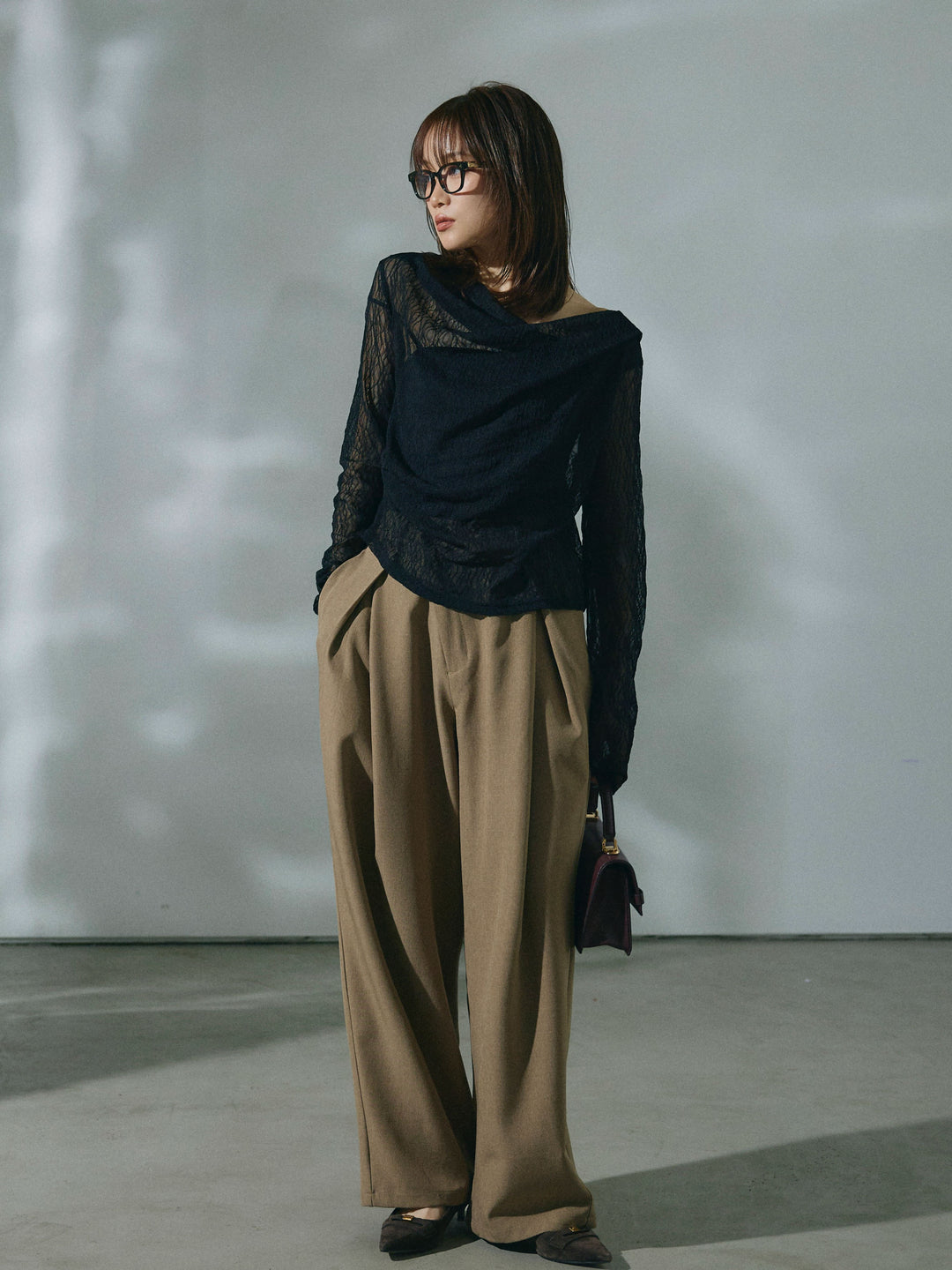 【Allure】[SET]ストレッチレースドレープトップス+アシンメトリーウエストタックパンツ(2set)