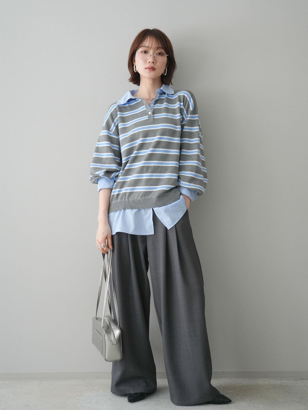 [予約]ウエストバイカラータックワイドパンツ/gray