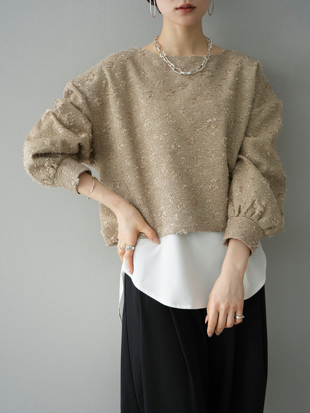 [SET] Feather jacquard back design docking blouse + polyester double tuck wide pants (2set)
