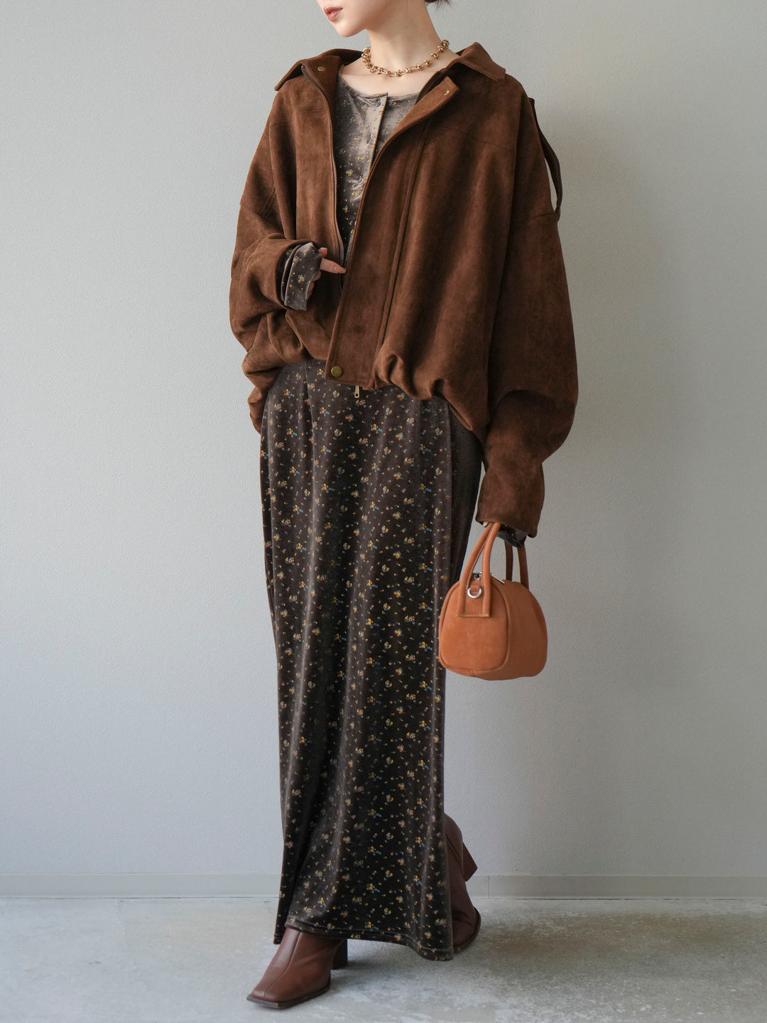 [予約]ベロアフラワープリントIラインスカート/ブラウンxイエロー