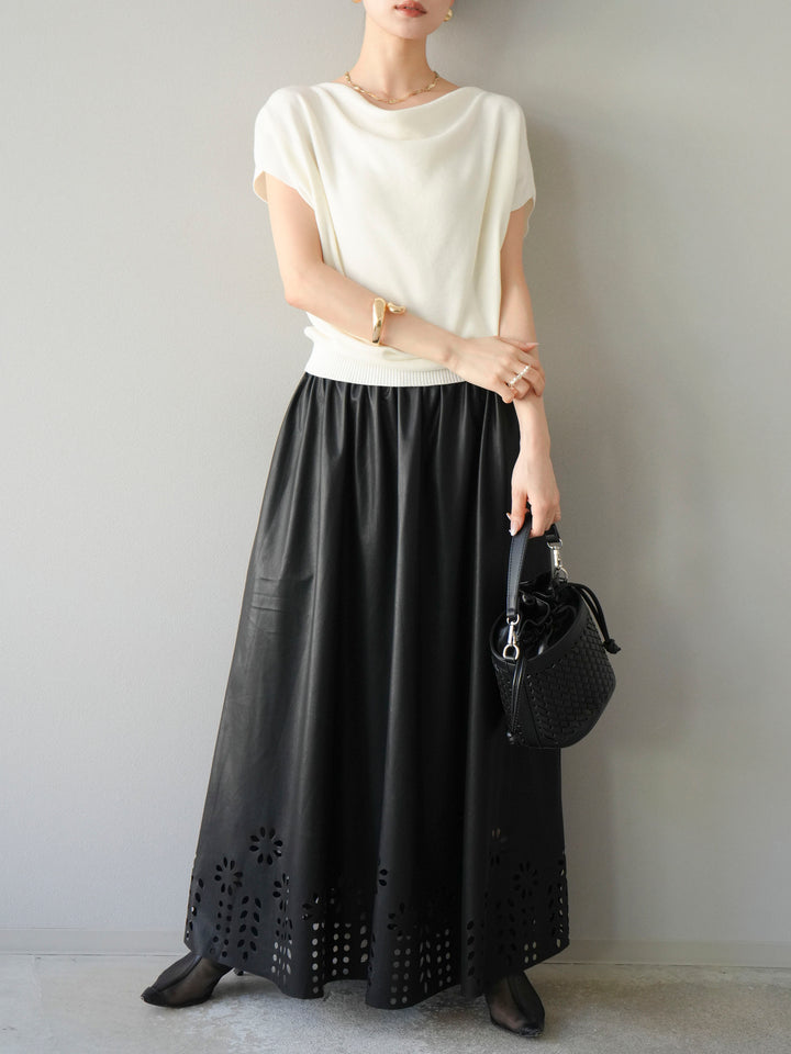 [予約]フラワーパンチングレザースカート/ブラック