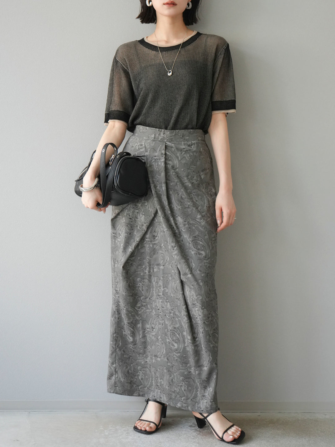 [SET]リネンタッチ配色二重臼ハーフニットトップス+選べるアソート柄スカートセット(2set)