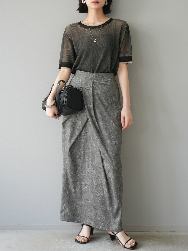 [SET]リネンタッチ配色二重臼ハーフニットトップス+選べるアソート柄スカートセット(2set)