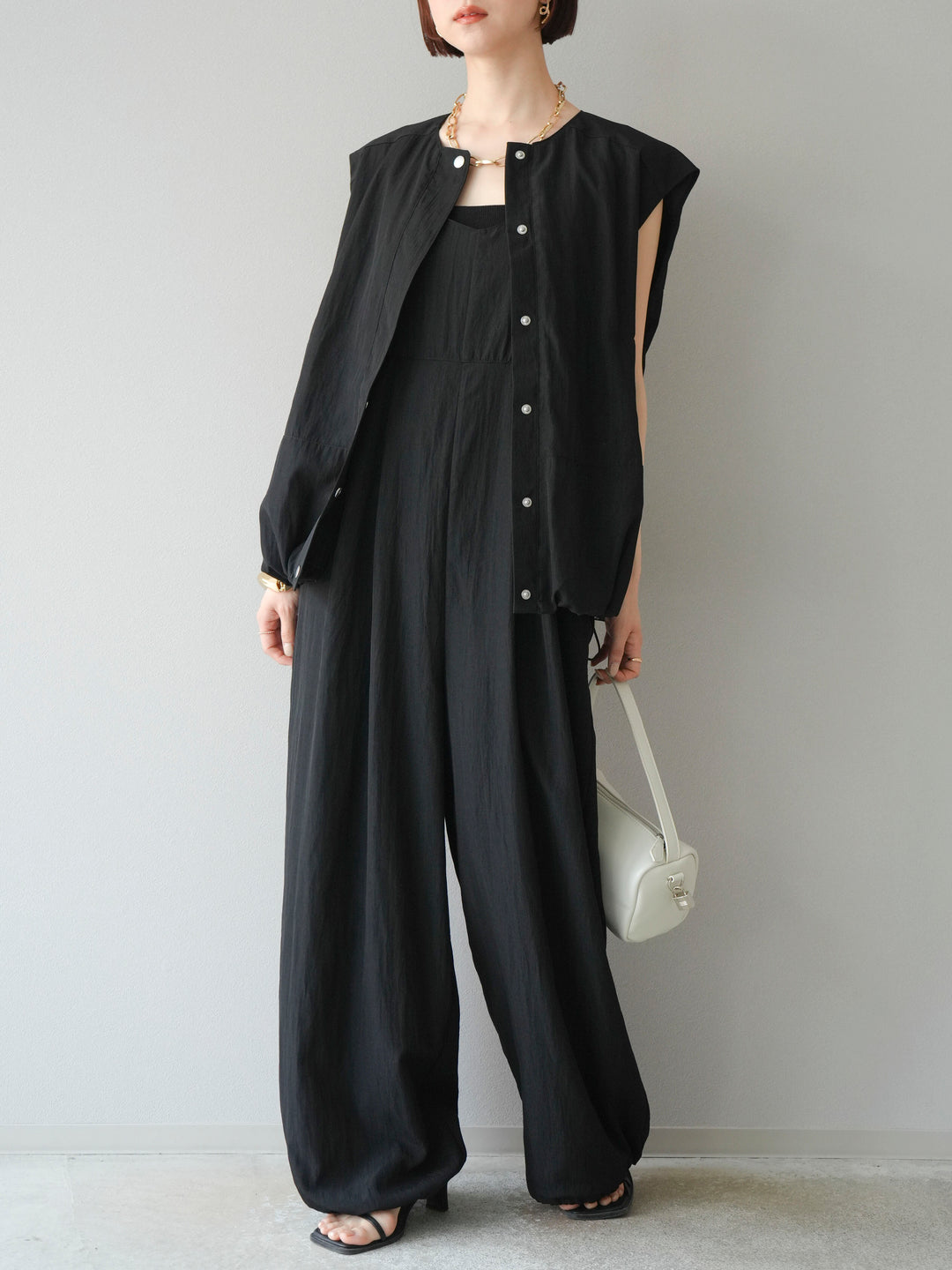 [SET]リネンライクビスチェデザインサロペット+リネンライクドロストバルーンブルゾン(2set)