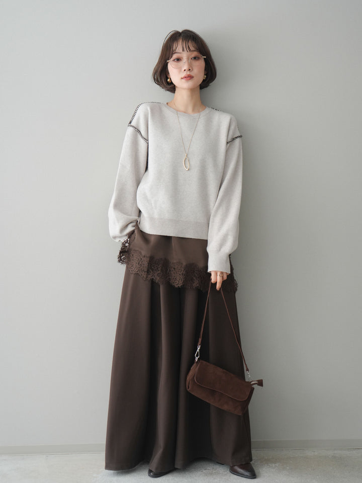 [予約]バックロゴ刺繍配色ステッチニットプルオーバー/lightgray