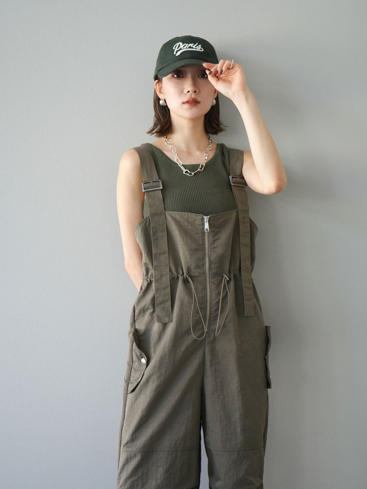 [予約]ナイロンタックデザインサロペット/カーキ