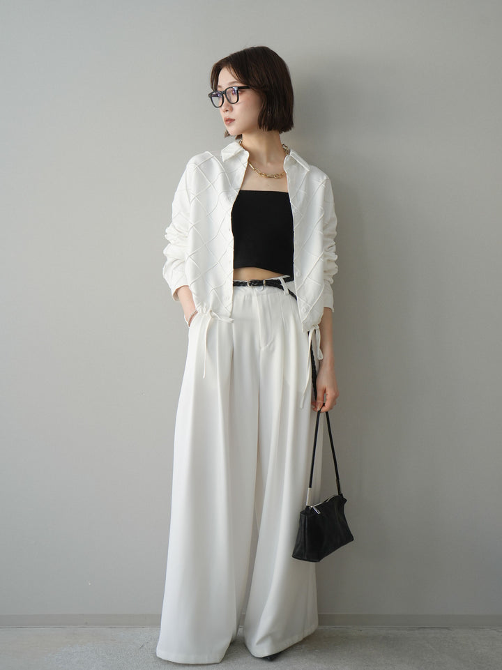 [SET]パイピングクロスデザインブラウス+編み込みベルト付タックワイドパンツ(2set)