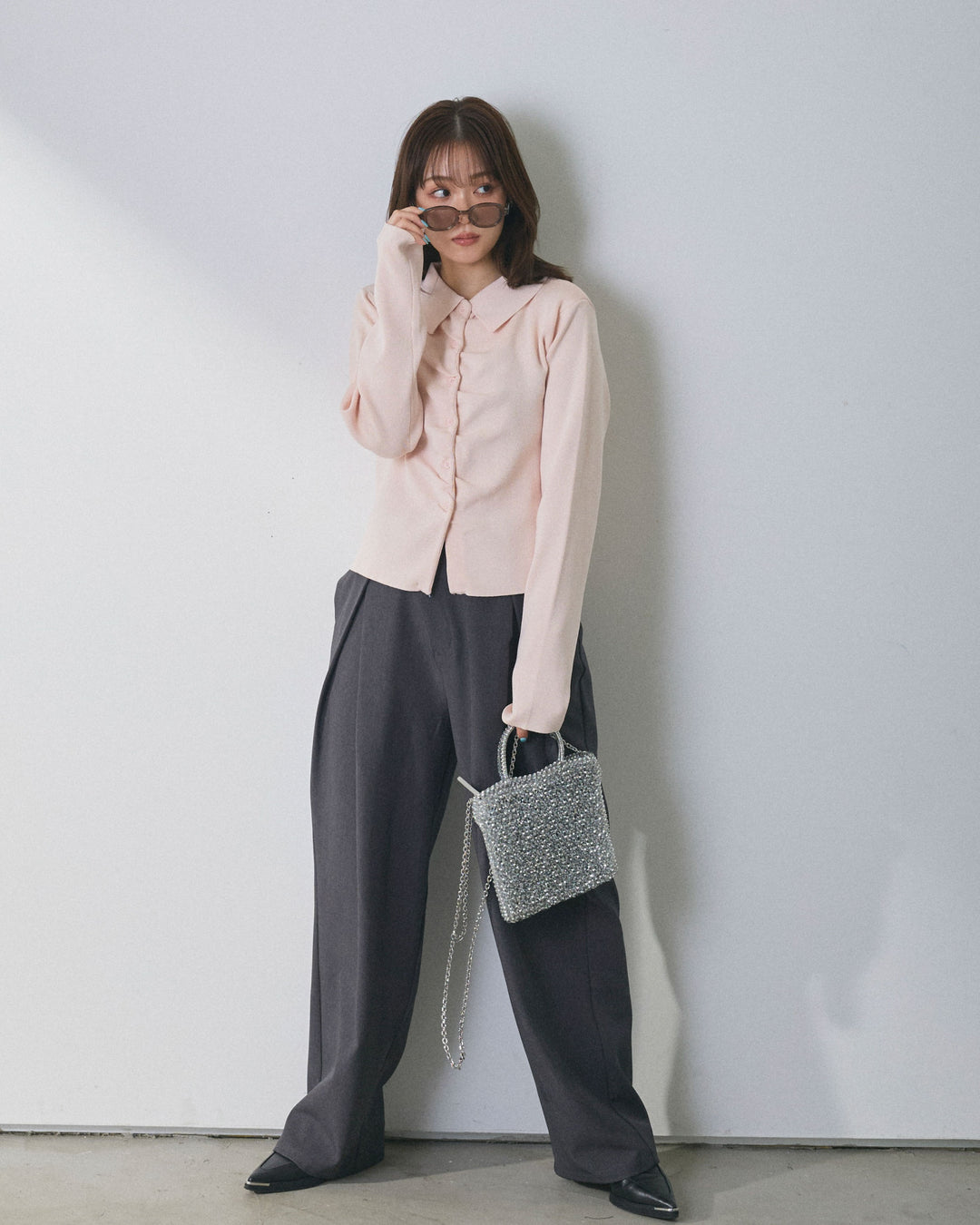 【Allure】[SET]襟付きギャザーニットカーディガン+アシンメトリーウエストタックパンツ(2set)