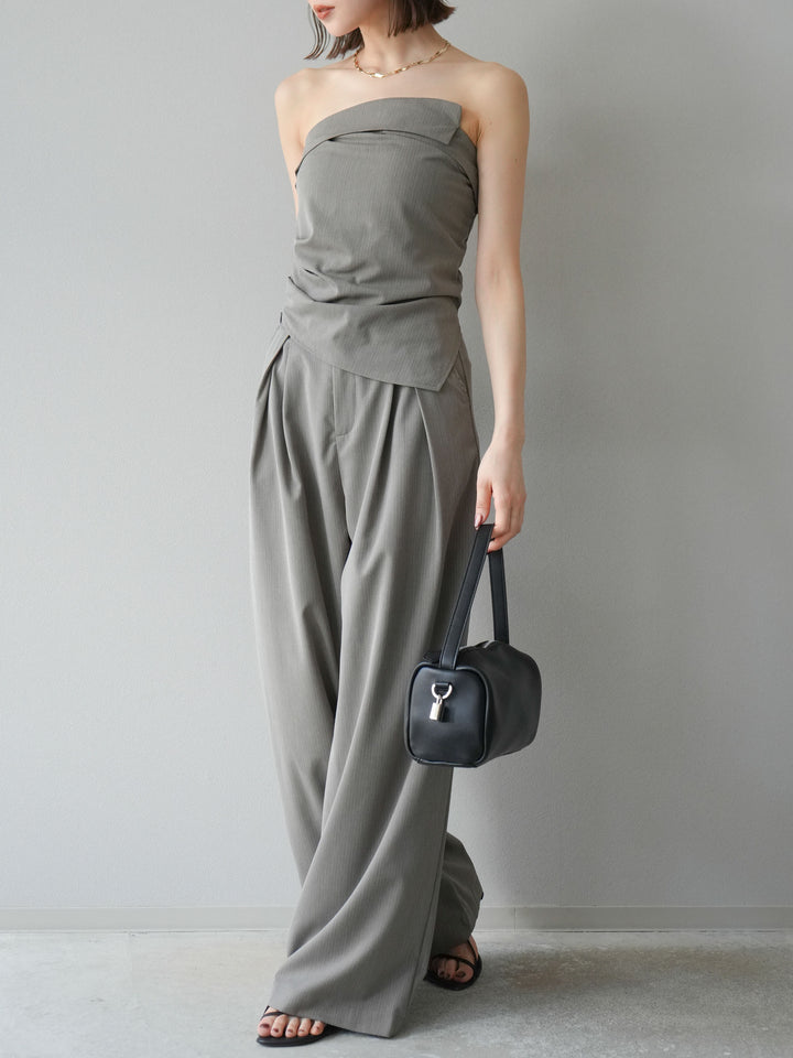 [SET] 條紋褶襉露肩上衣＆寬褲 SET UP (2set)