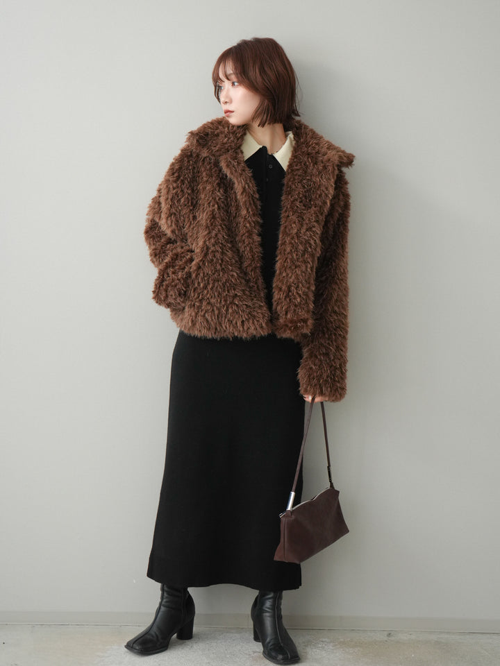 [SET]配色ポロニットワンピース+フェイクファー襟付きショートブルゾン(2set)