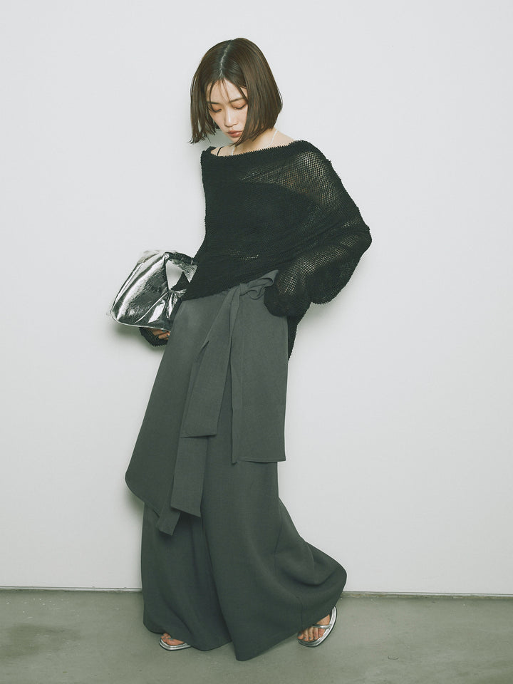[SET] 後背垂墜網眼套頭衫+亞麻觸感裹身寬褲（2件套）