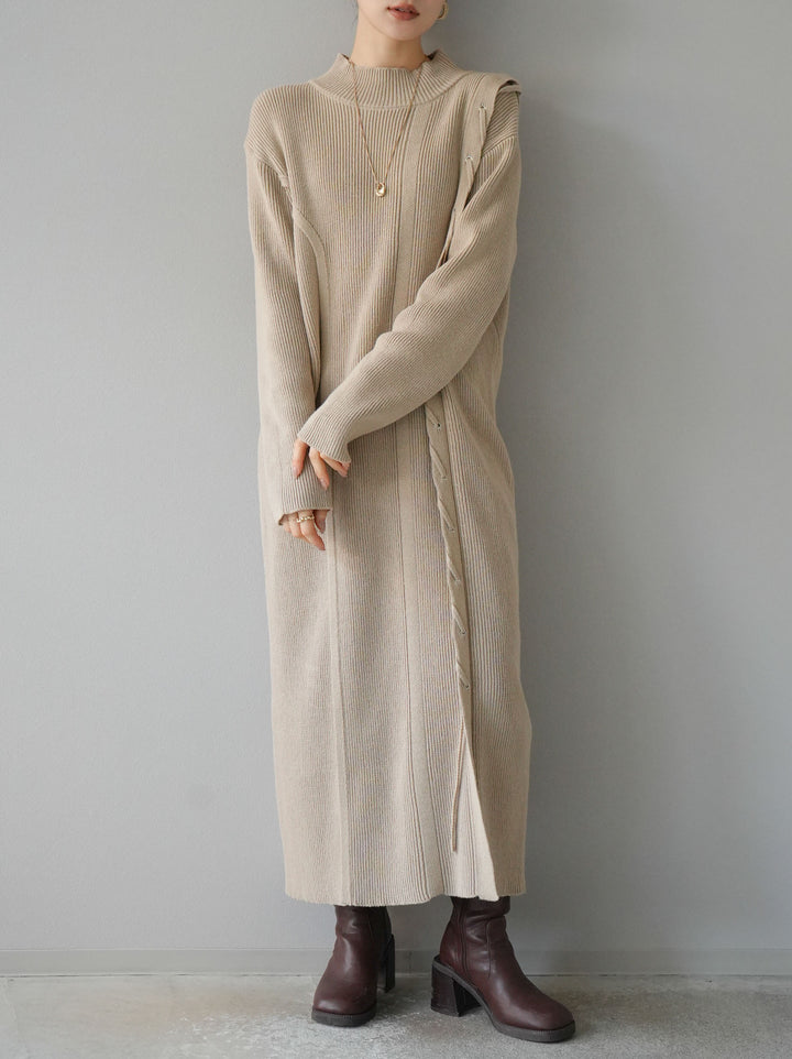 [SET] 不對稱繫帶高領針織連身裙 + 可選飾品套裝 (2套)