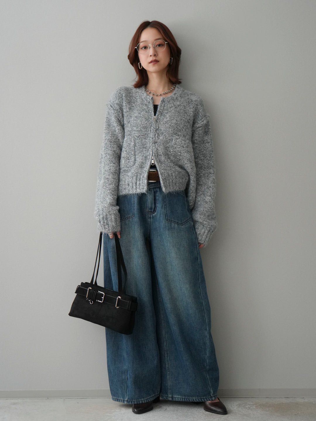 [SET]ミックスヤーンダブルZIPニットカーディガン+ベルト付裏起毛カーブデニムパンツ(2set)