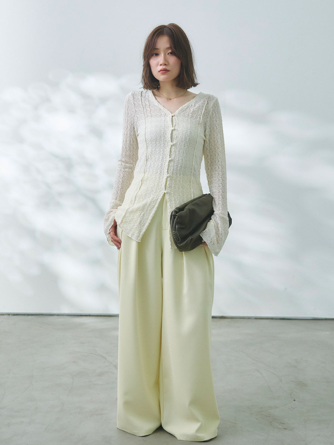 【Allure】[SET]ストレッチレースカーディガン+エステルツイルタックワイドパンツ(2set)