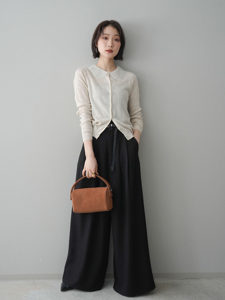 [予約]編み込みベルト付タックワイドパンツ/black