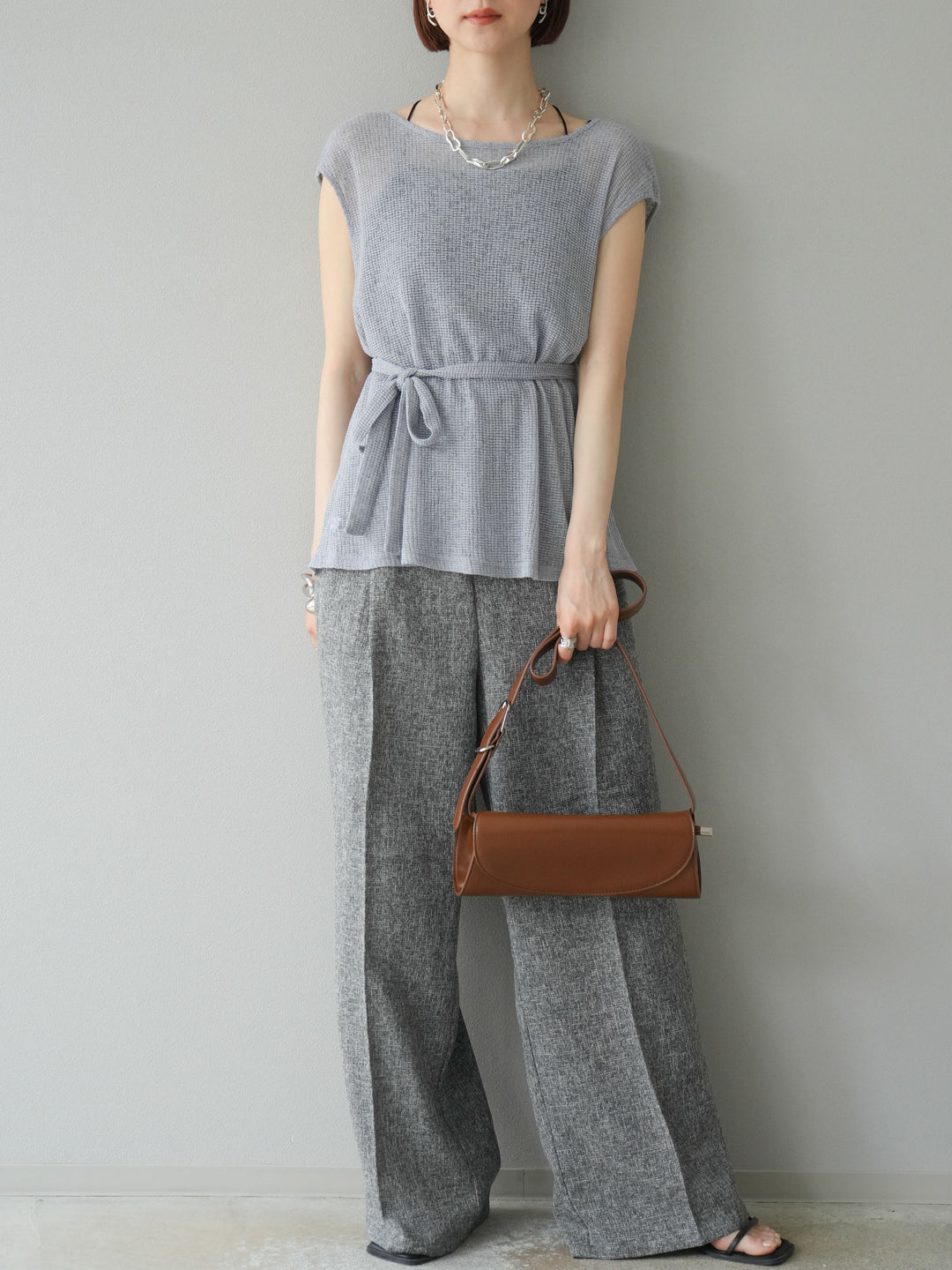 [預購] 混合粗花呢褶襉褲/黑色