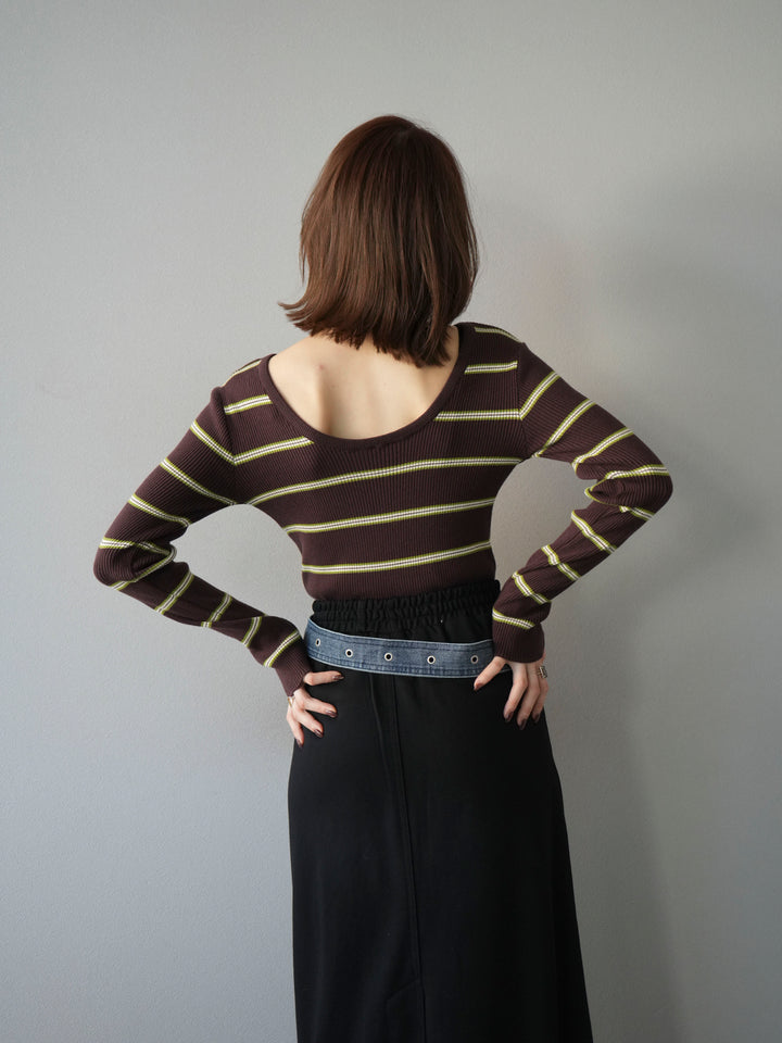 [予約]バックオープンボーダーテレコリブトップス/ブラウン