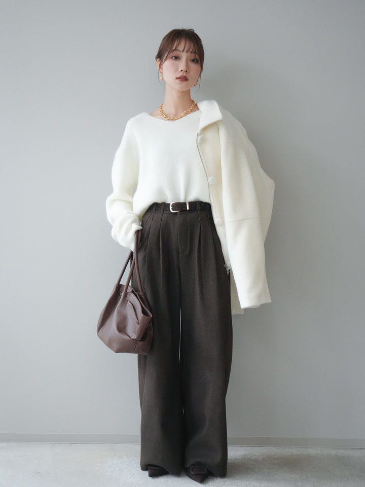 [SET]ウールライクフライトジャケット+シュシュ付きアンゴラタッチVネックニットプルオーバー+アニマル柄ベルト付きウールタッチワイドパンツ(3set)