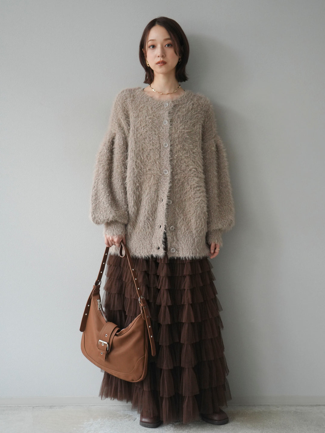 [予約]クルーネックランダムシャギーカーディガン/グレージュ