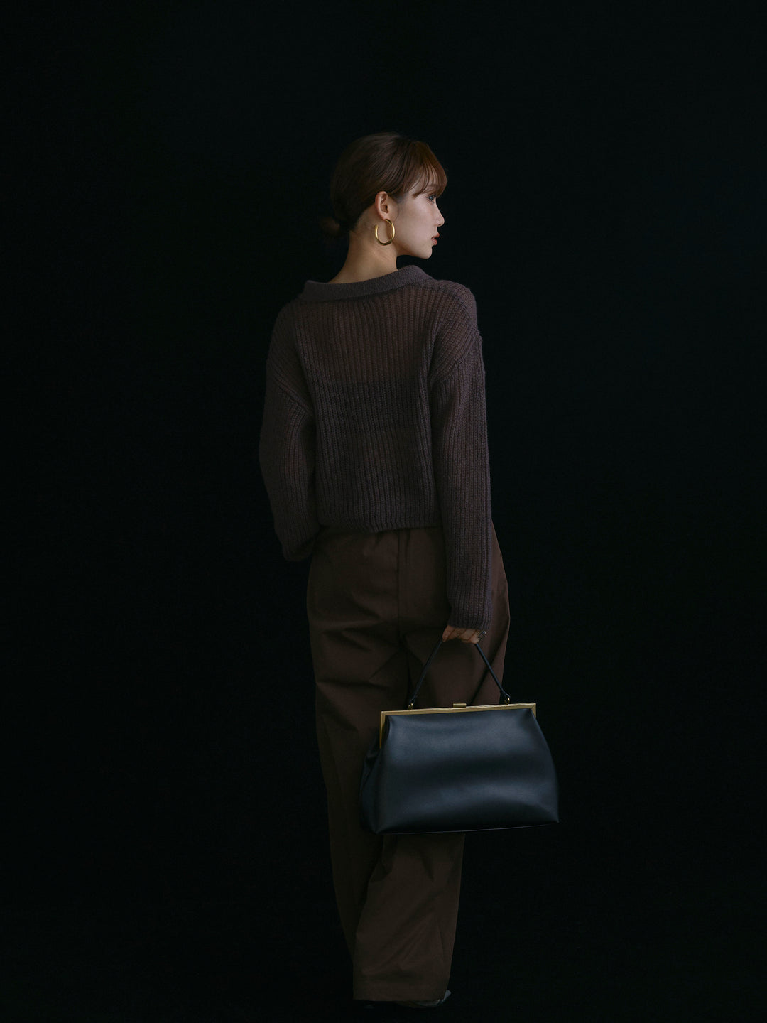 【Allure】[SET]起毛片畦編みシアーポロニット+タフタワイドカーブパンツ(2set)